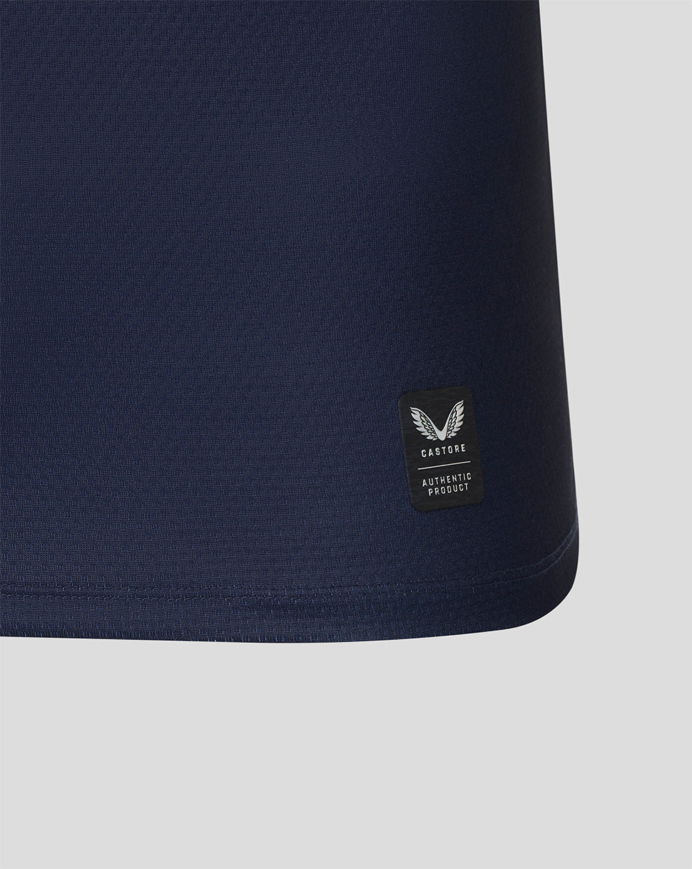 Navy blue fabric with a brand logo on a light gray background