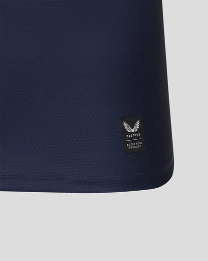 Navy blue fabric with a brand logo on a light gray background