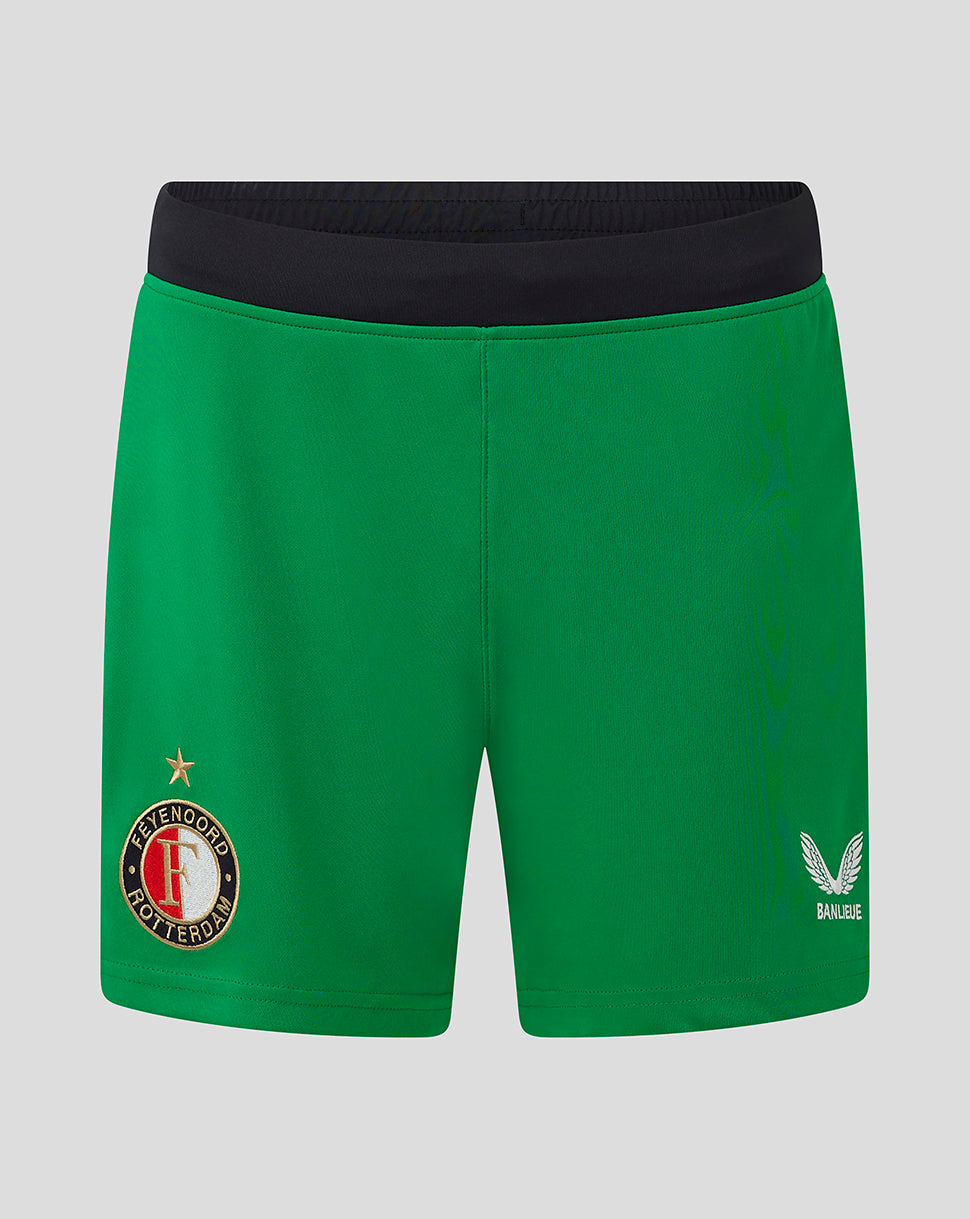 Front view of green Feyenoord women's third shorts with black waistband and crest on left leg plus Banlieue logo on right.