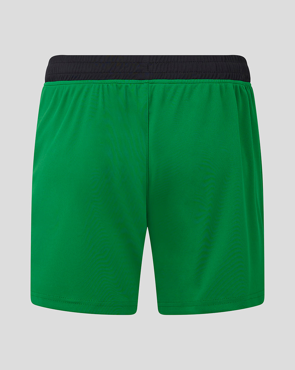 Back view of green Feyenoord women's third shorts with black elastic waistband.