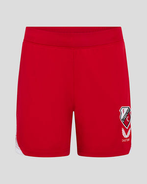 Front view of red FC Utrecht women's 24/25 home shorts with crest on the right leg and white side panel