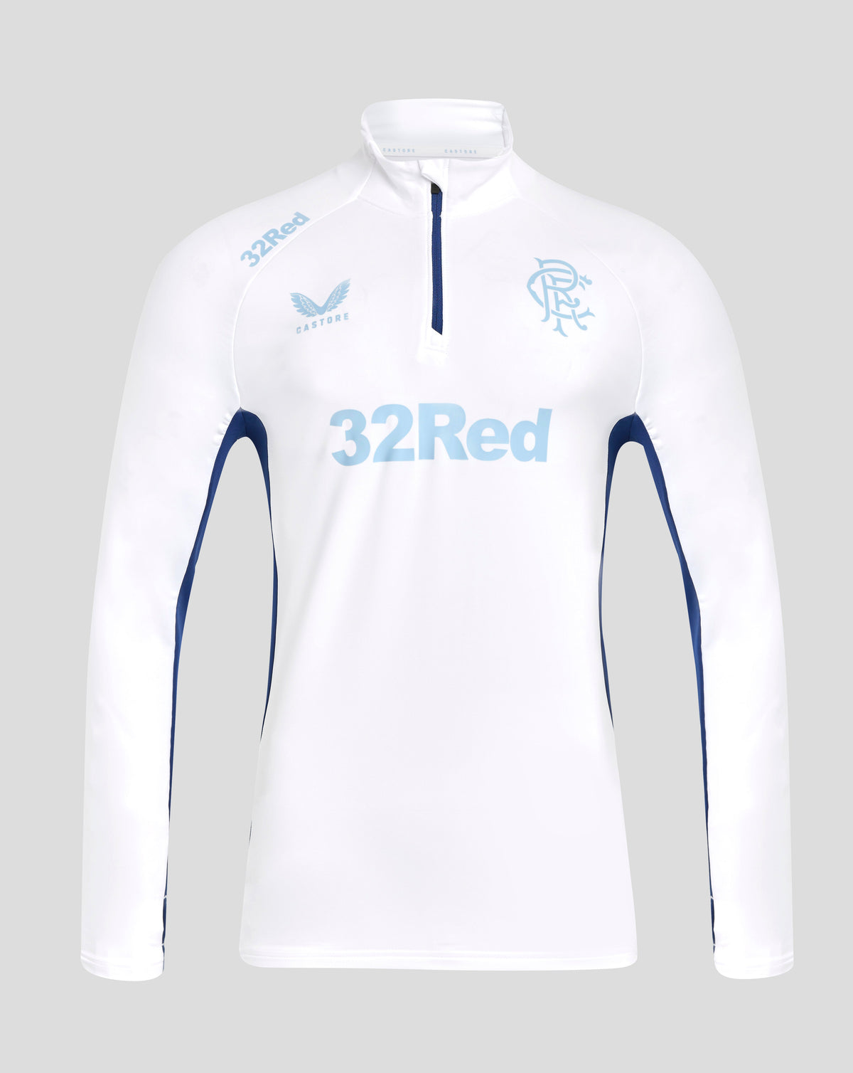 White Rangers women's Pro Players 1/4 Zip training top with a light blue crest on the chest and 32Red across the front.