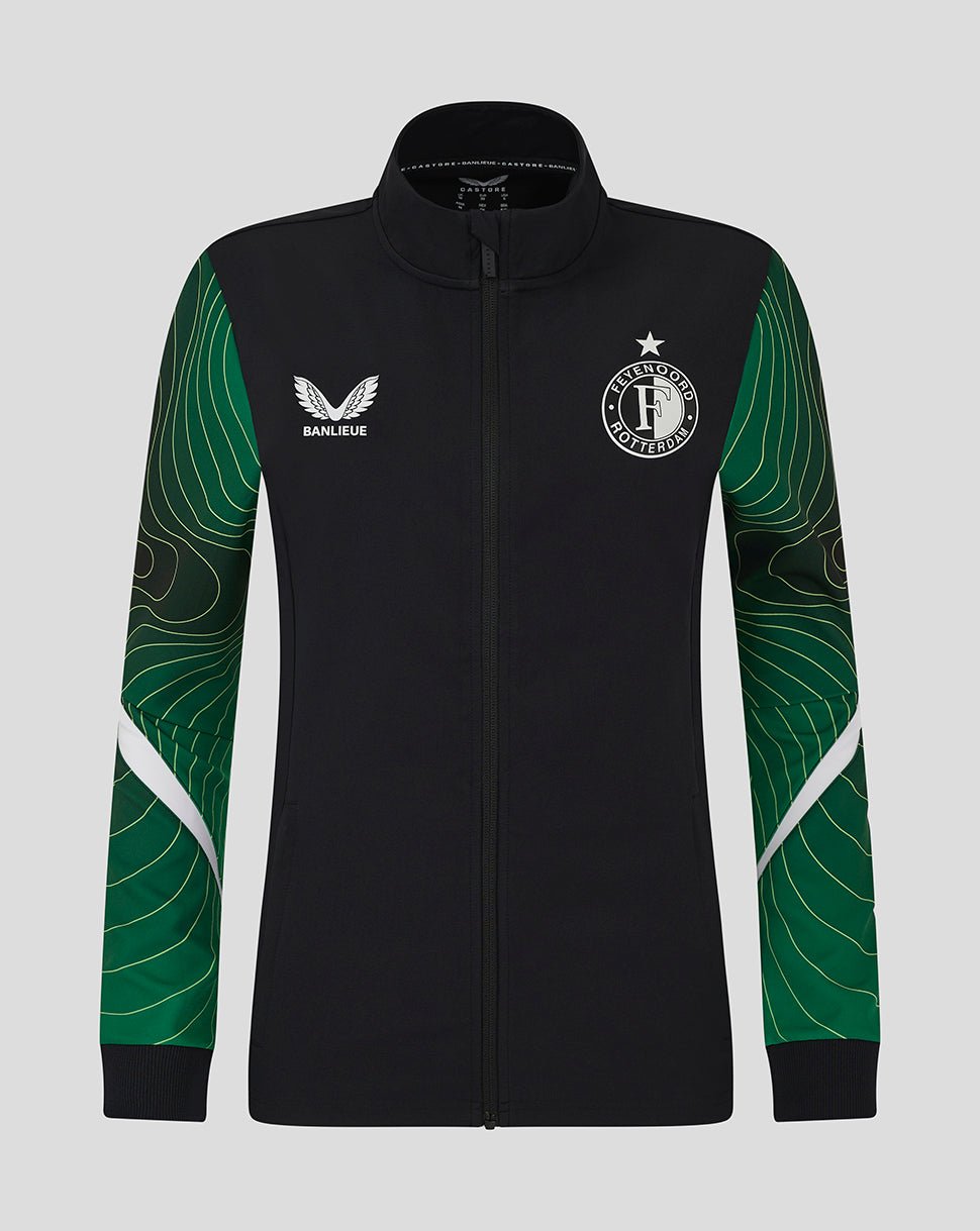 Black Feyenoord women's 24/25 third matchday anthem jacket with green patterned sleeves and club crest on the chest.