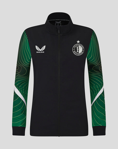 Black Feyenoord women's 24/25 third matchday anthem jacket with green patterned sleeves and club crest on the chest.
