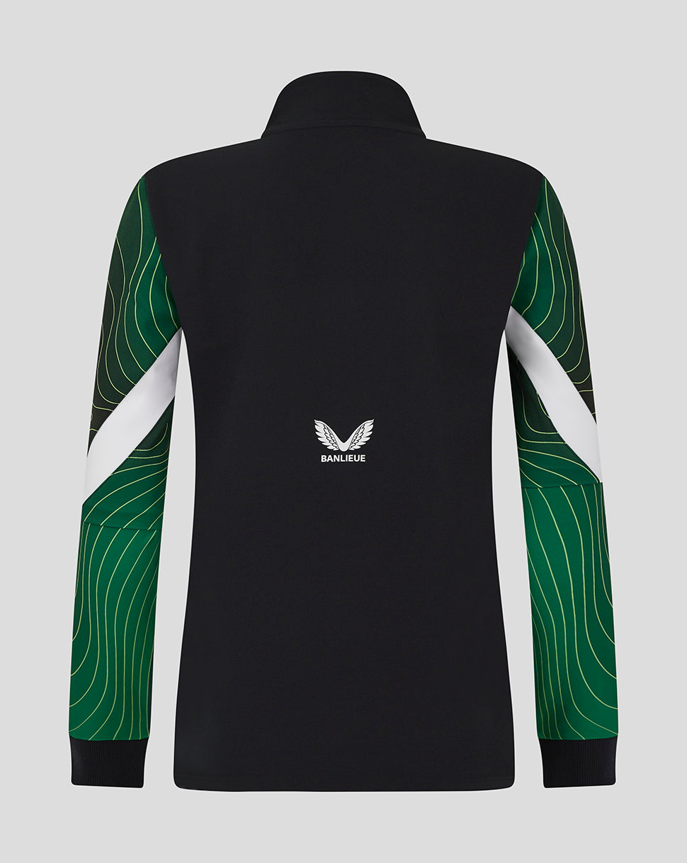 Back view of black Feyenoord women's 24/25 third matchday anthem jacket with green patterned sleeves and Banlieue logo on the lower back.