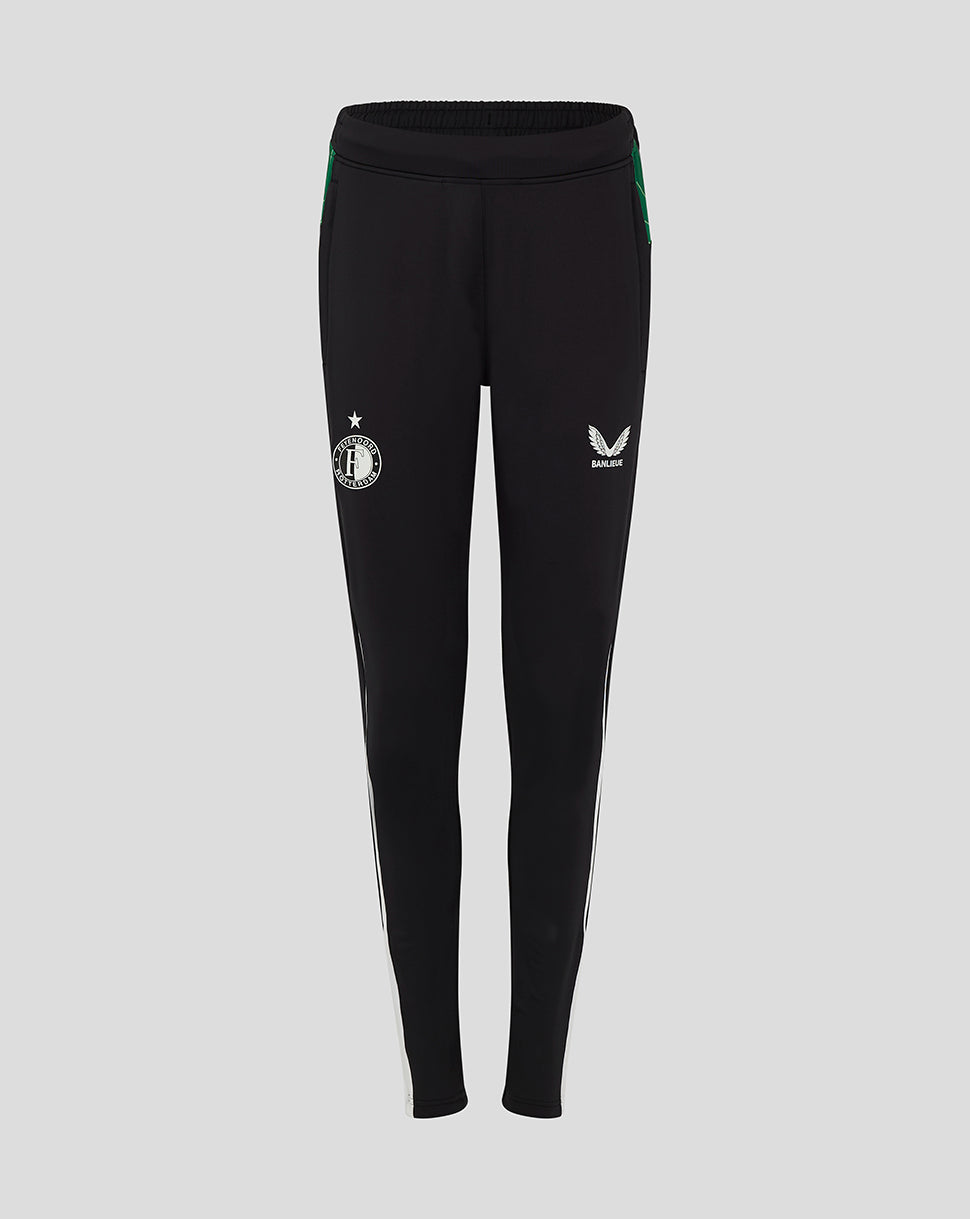 Black Feyenoord women's third matchday pants with white crest on left thigh star above and green pocket trim