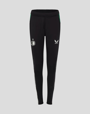 Black Feyenoord women's third matchday pants with white crest on left thigh star above and green pocket trim