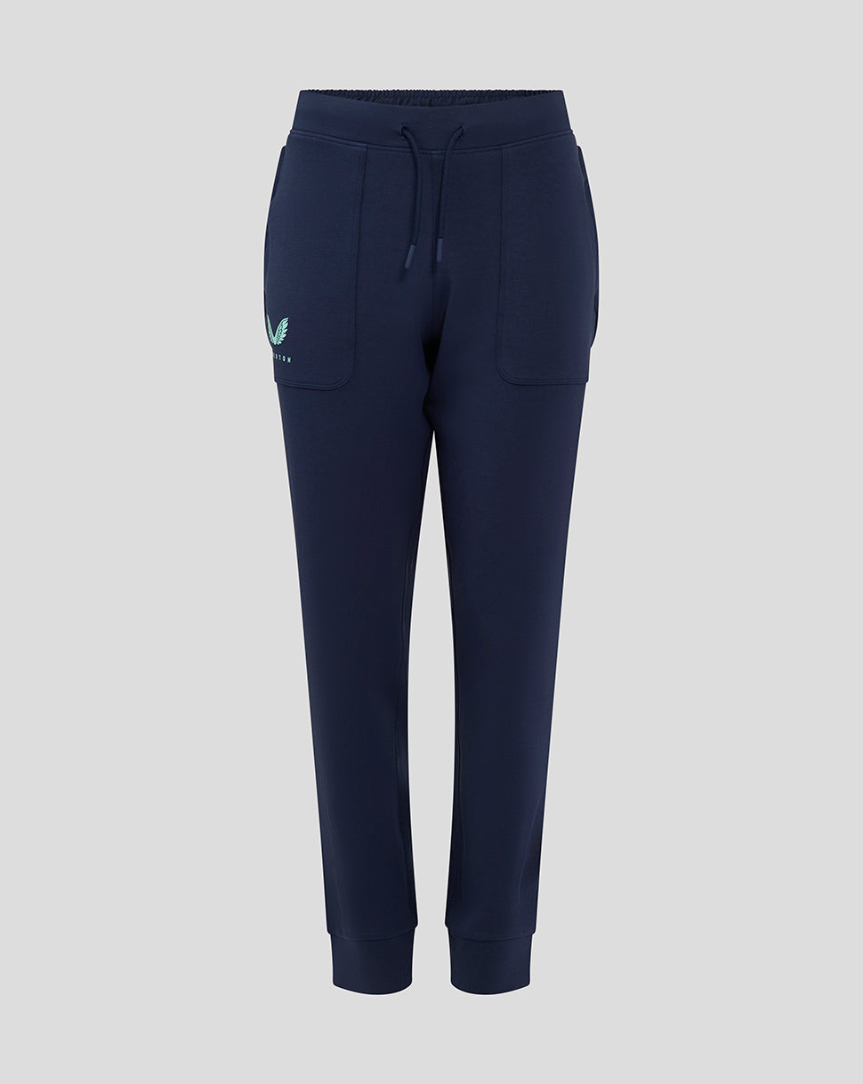 Navy Everton 24/25 junior travel pant front view with a drawstring waist and side pockets.