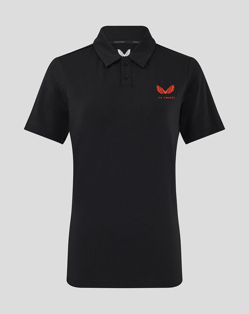 Black FC Twente Travel Polo with an orange crest on the left chest and a two-button placket