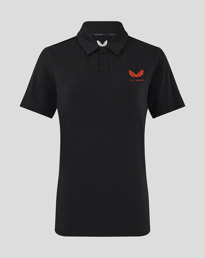 Black FC Twente Travel Polo with an orange crest on the left chest and a two-button placket
