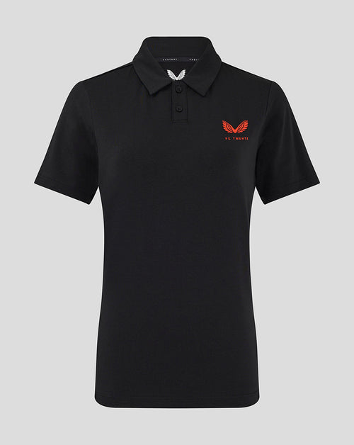 Black FC Twente Travel Polo with an orange crest on the left chest and a two-button placket