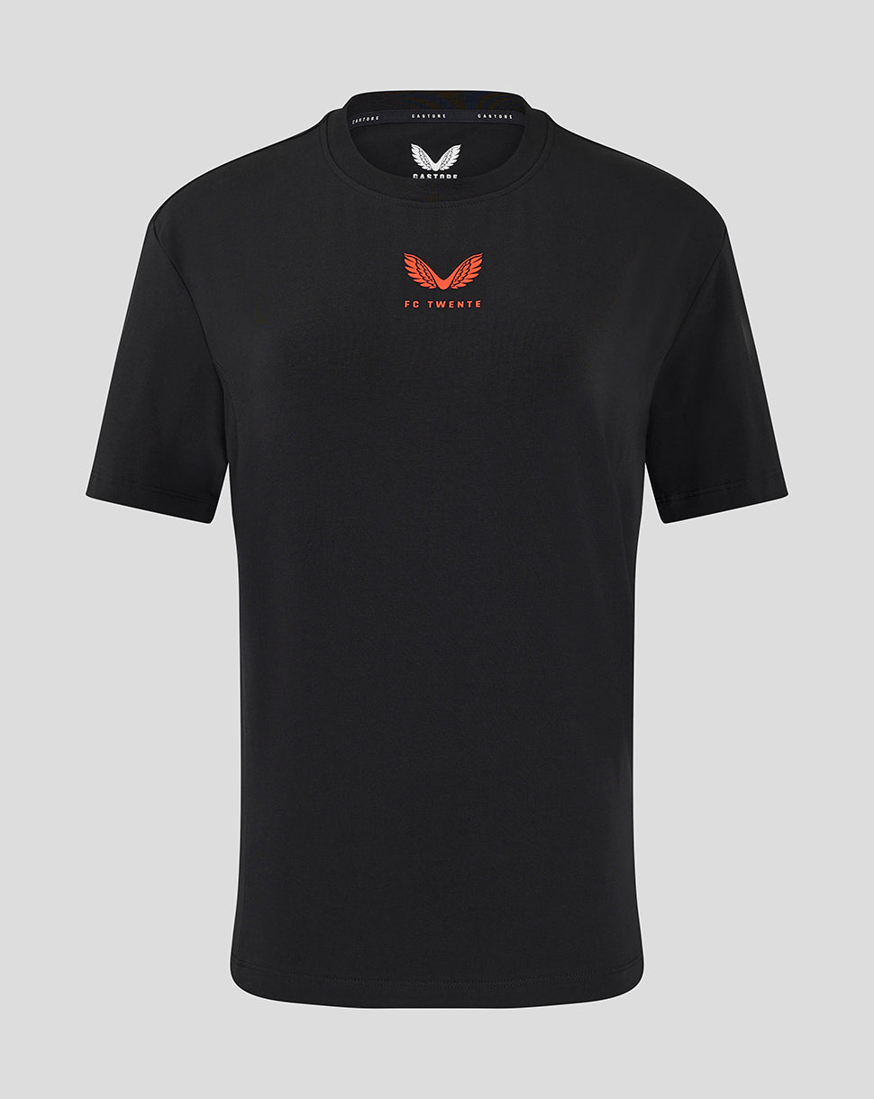 Black FC Twente Women's 24/25 Travel T-Shirt with an orange crest on the chest.
