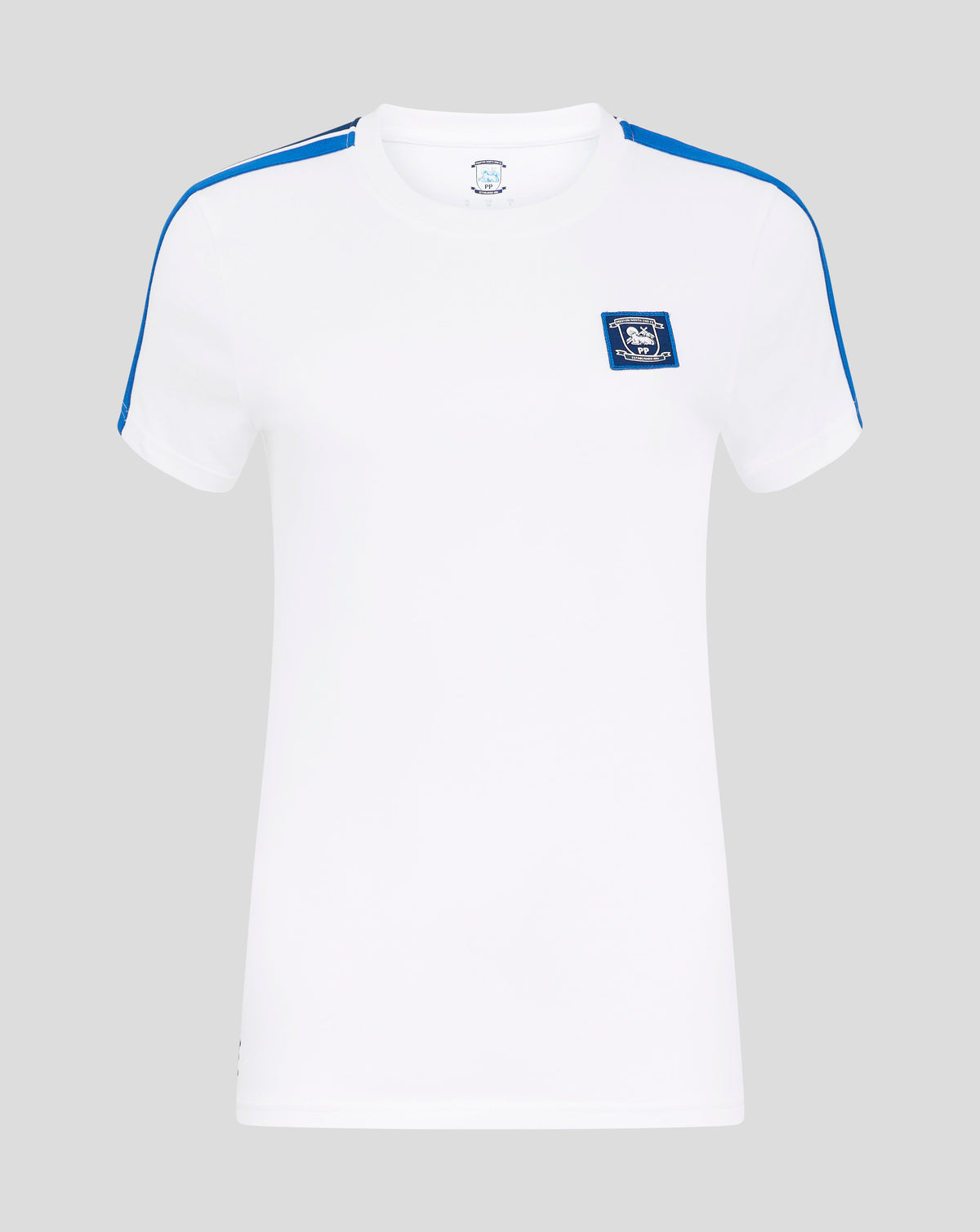 White cotton T shirt with blue shoulder stripes and crest patch on the chest