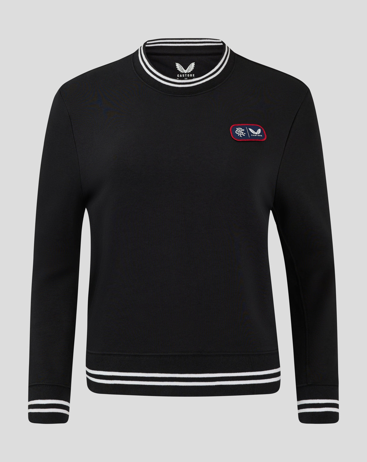 Black Rangers cropped fleece crewneck top with ribbed striped collar cuffs and left chest badge