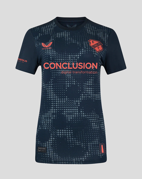 FC Utrecht Women's 24/25 Pro Away Shirt in navy with coral CONCLUSION sponsor text and a dotted pattern front view.