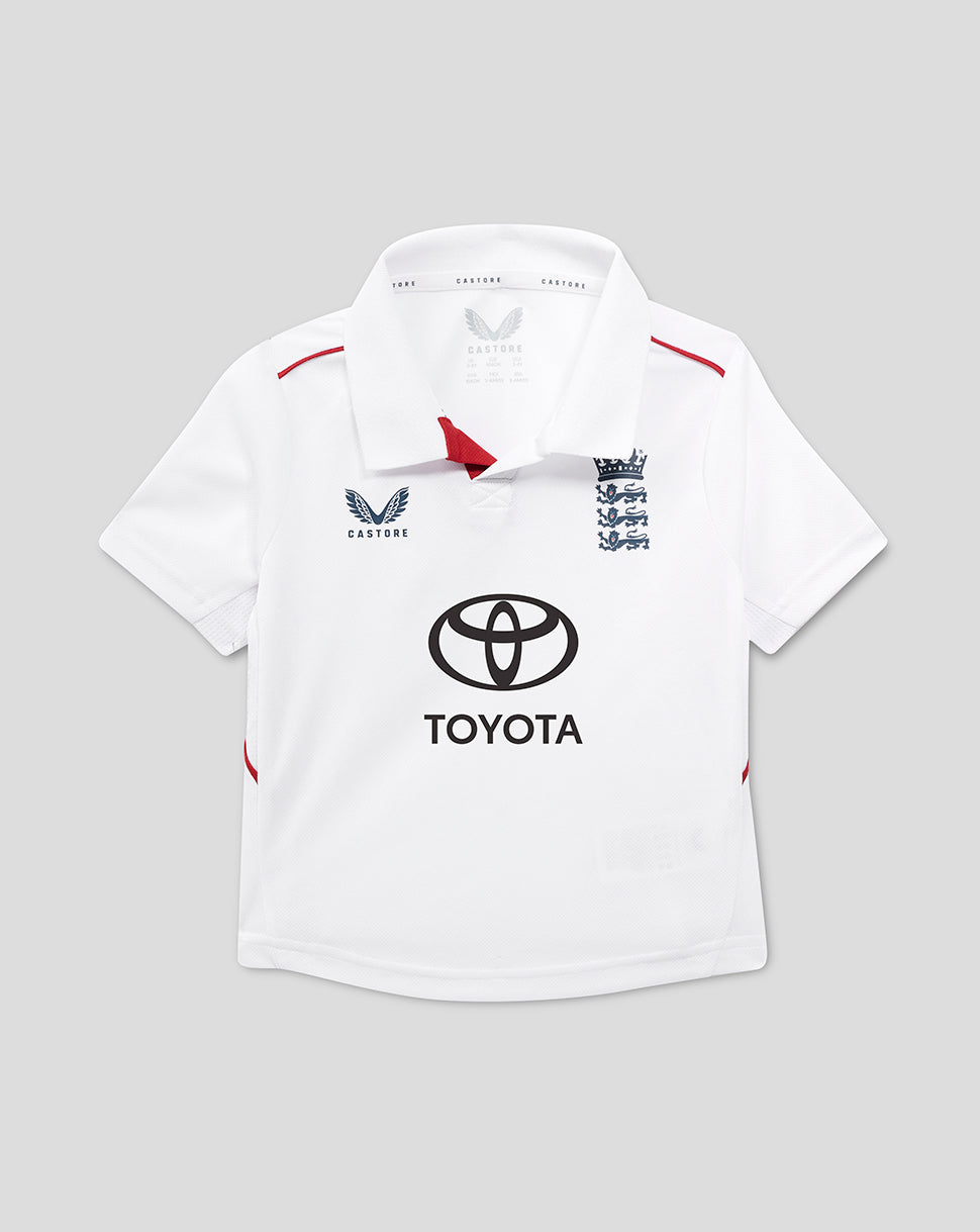 White infant cricket polo shirt with England team crest and Toyota sponsor logo