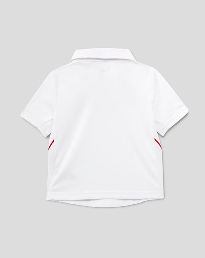 White polo shirt with red accents on a gray background