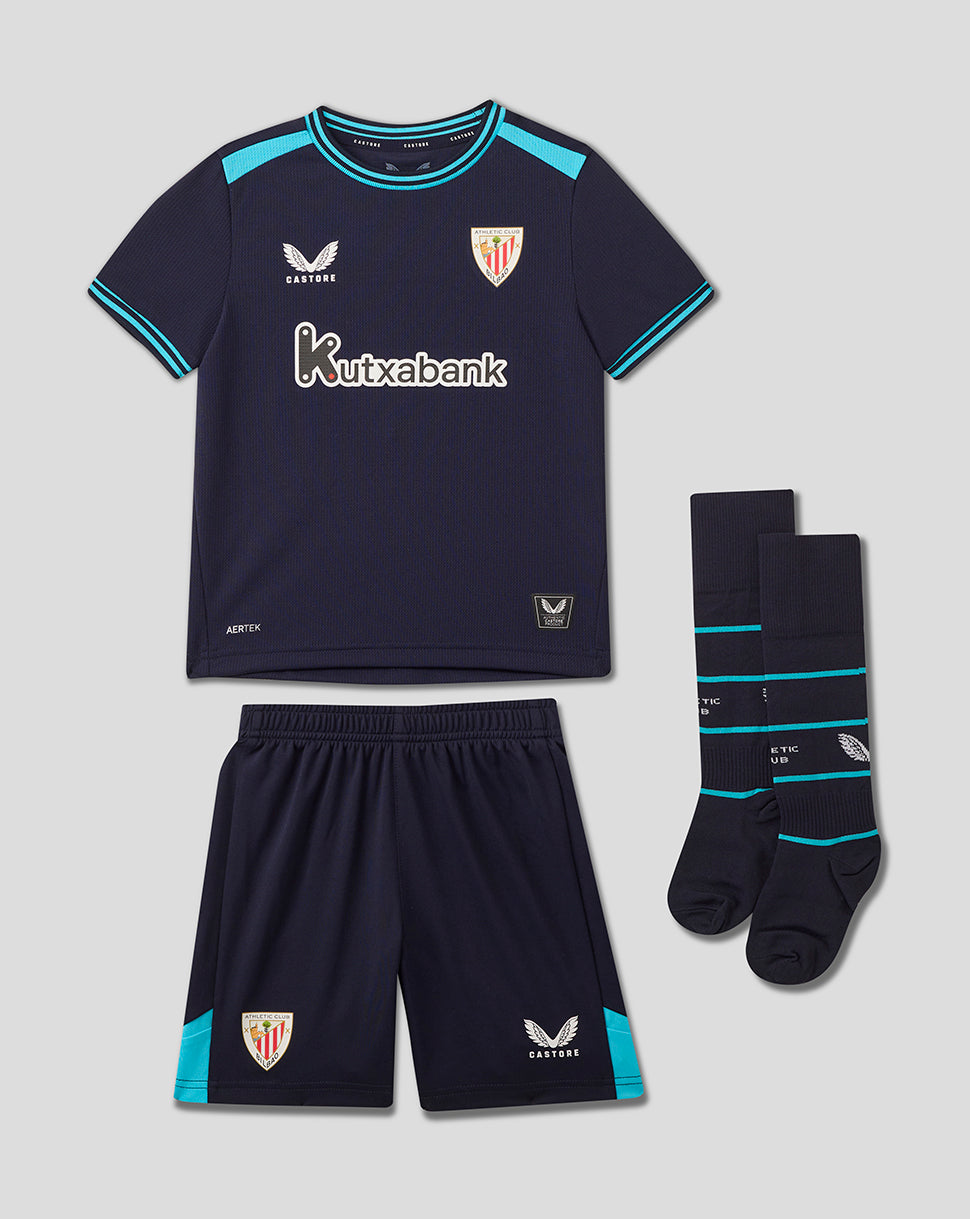 Athletic Club kids replica kit navy shirt with turquoise trim, matching shorts and socks.
