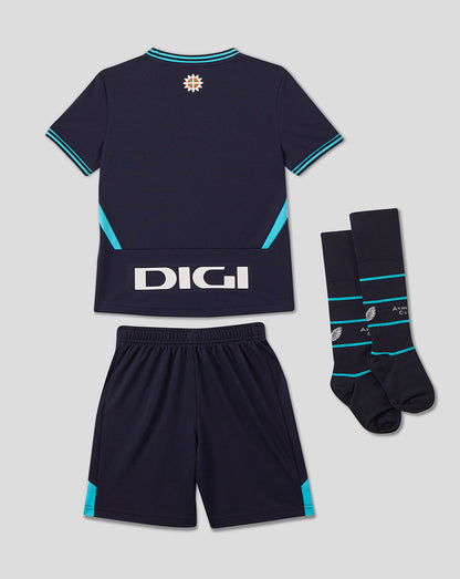 Athletic Club replica kids kit with navy shirt shorts and ankle socks bearing turquoise accents and club logos.