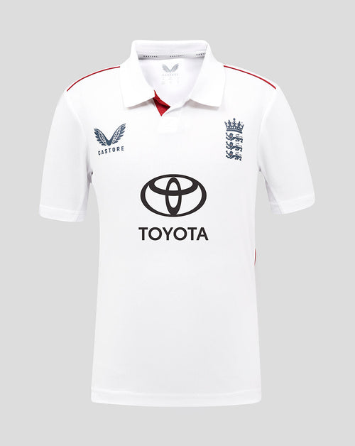 White England cricket test junior short sleeve shirt with Toyota sponsor logo and England crest