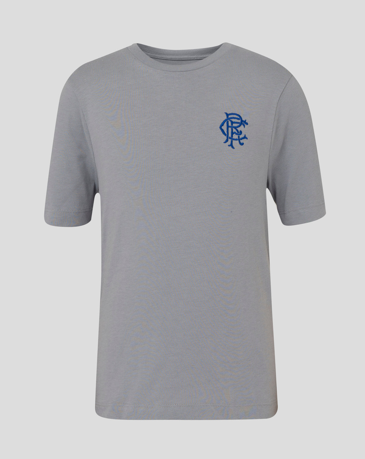 Grey Rangers Junior 25/26 Core Crest Tee with blue embroidered crest on left chest.
