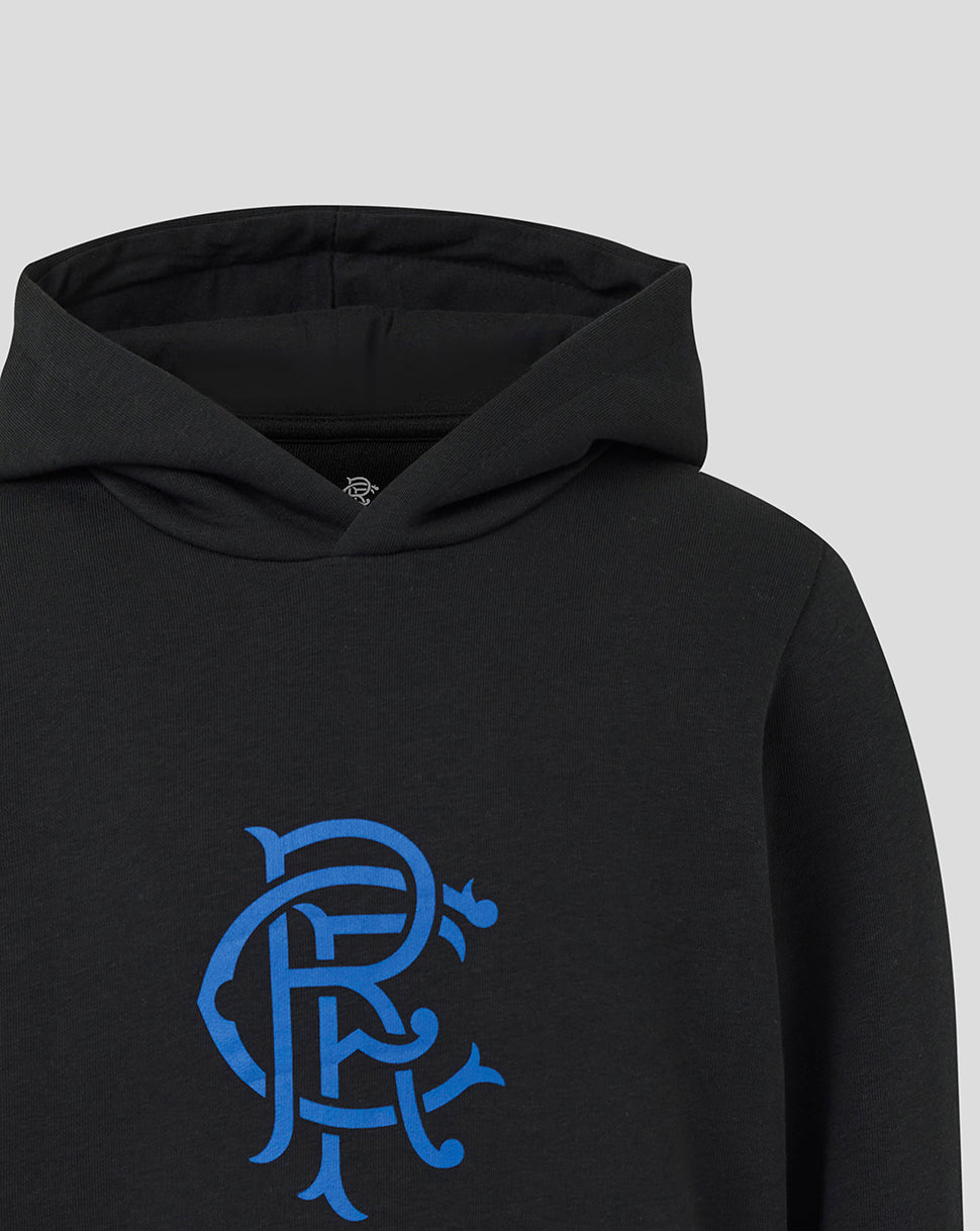 Black Rangers Core Hoodie with blue crest on the chest and hood up