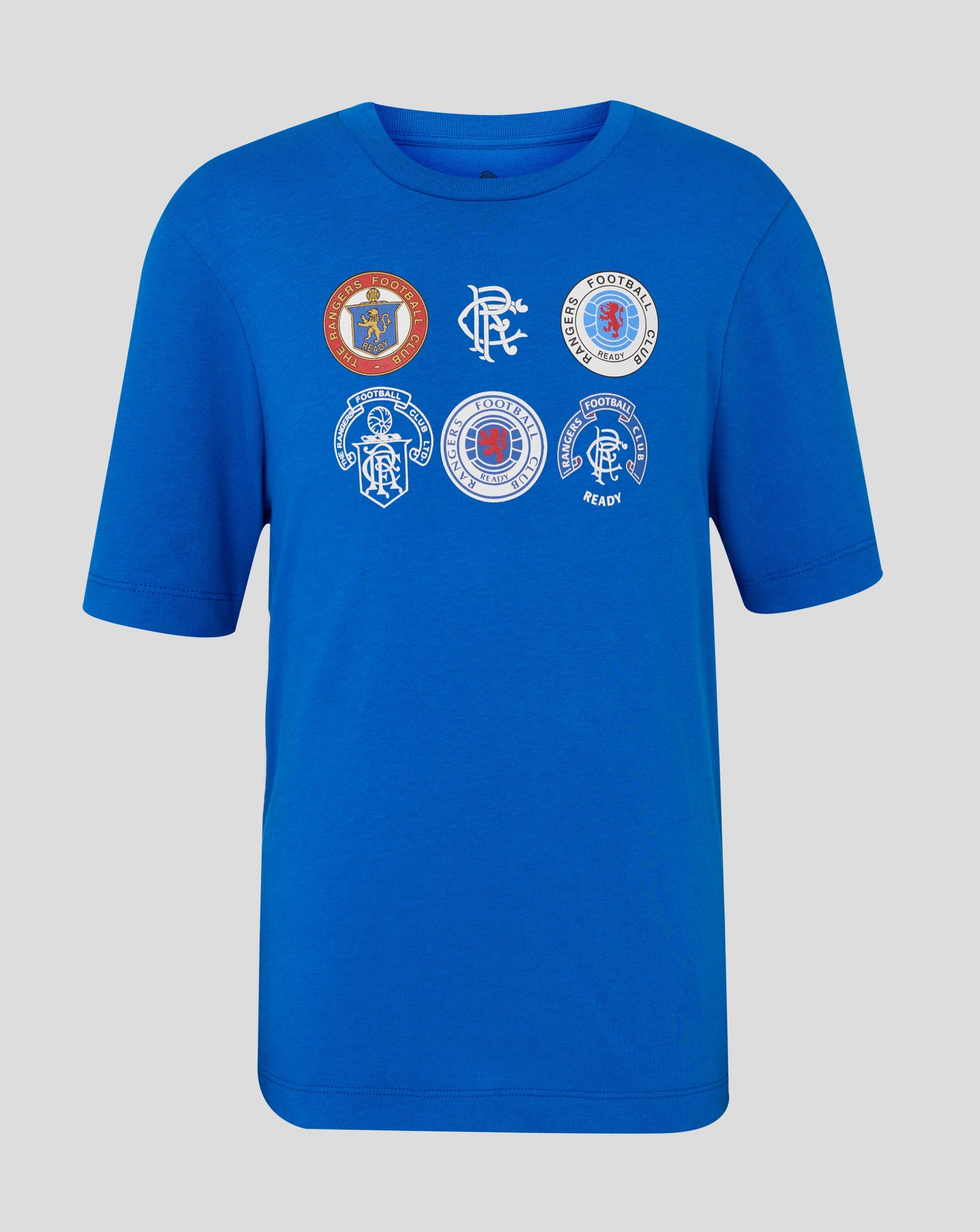 Front view of a lapis blue Rangers Junior 25/26 Badge Tee with multiple circular club logos printed on the chest.