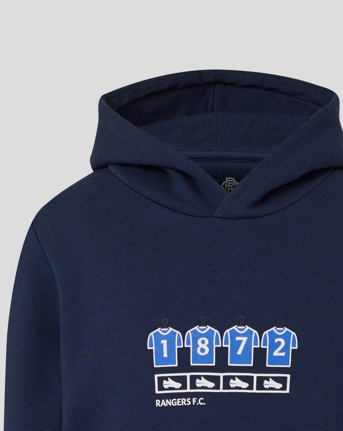 Rangers Junior 25/26 Changing Room Hoodie in Black Iris navy with a front graphic of numbered jerseys and football icons