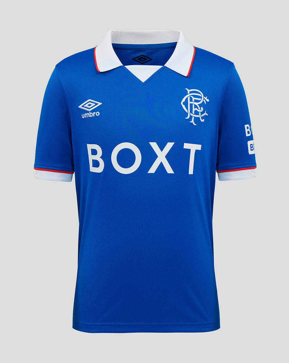 Front view of blue Rangers FC Junior 25/26 home shirt with white collar red trim and the large BOXT sponsor across the chest