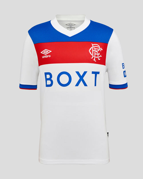 Rangers Junior 25/26 away shirt with blue shoulders white body red chest stripe and BOXT sponsor logo.