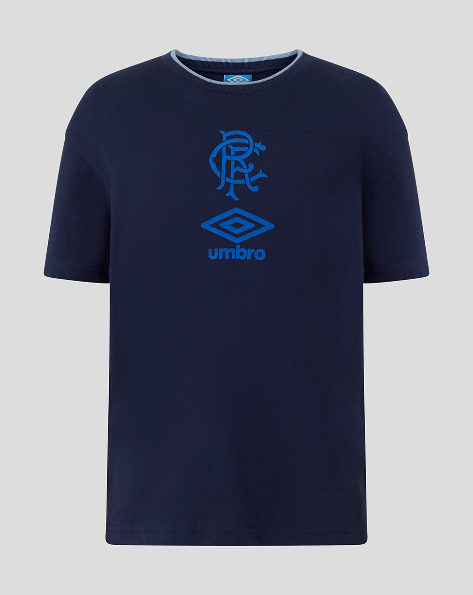 Front view of navy Rangers Junior travel tee with blue club crest and Umbro logo