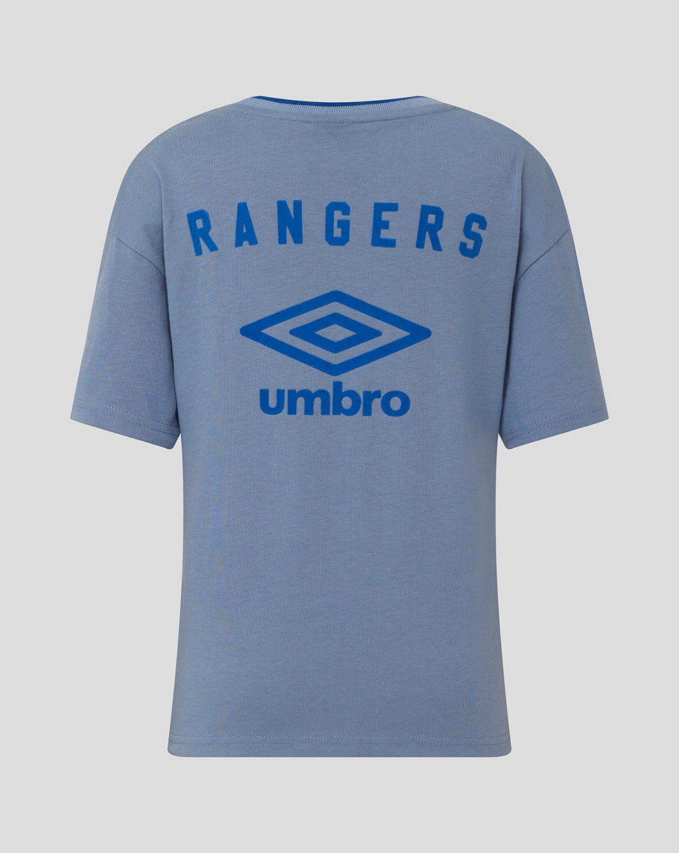 Back view of blue grey Rangers travel tee with bold RANGERS lettering and Umbro logo across the back