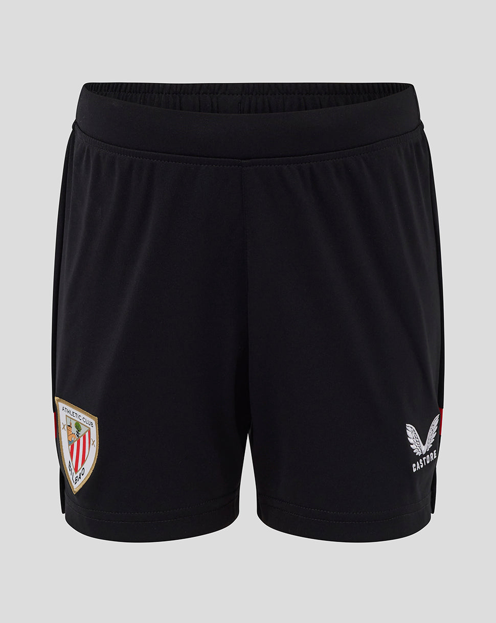 Front view of junior Athletic Club home shorts in black with crest on left thigh and Castore logo on right thigh.