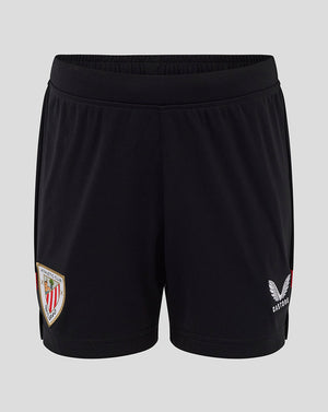 Front view of junior Athletic Club home shorts in black with crest on left thigh and Castore logo on right thigh.