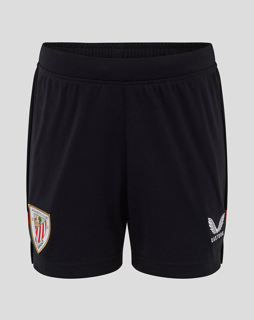 Front view of junior Athletic Club home shorts in black with crest on left thigh and Castore logo on right thigh.