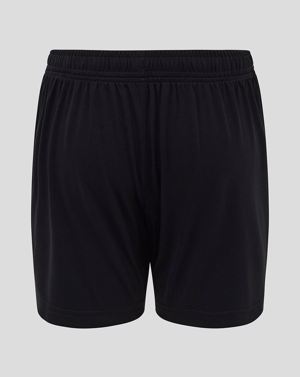 Back view of junior Athletic Club home shorts in black with crest on left leg and Castore logo on right leg.
