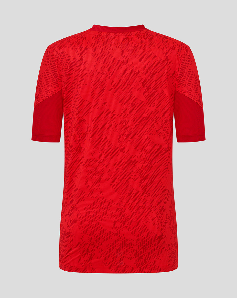 Back view of red FC Twente matchday junior T‑shirt with tonal camouflage pattern