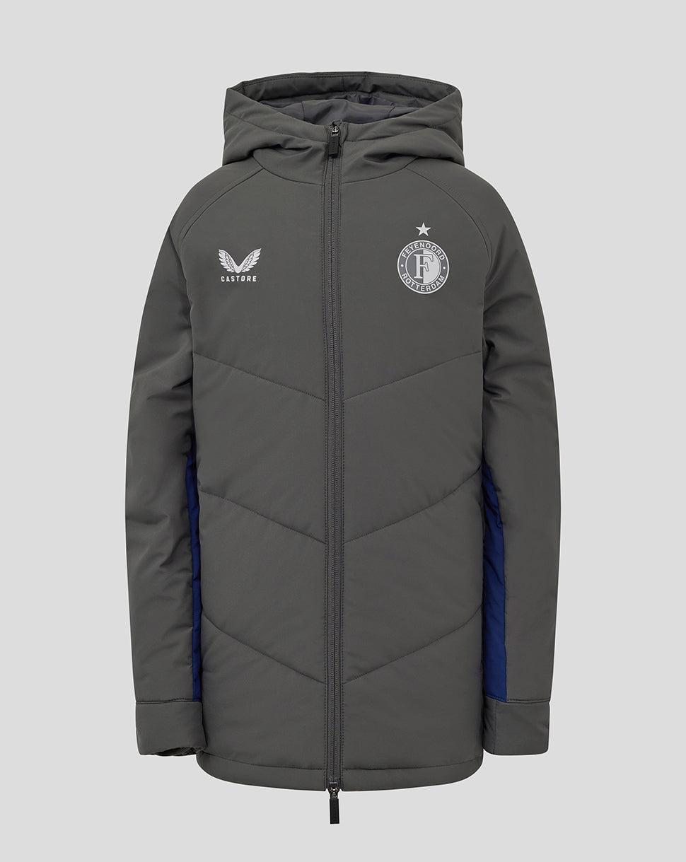 Front view of grey zippered Feyenoord training jacket with crest on the left chest and Castore logo