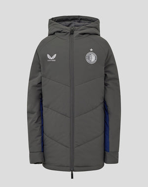 Front view of grey zippered Feyenoord training jacket with crest on the left chest and Castore logo