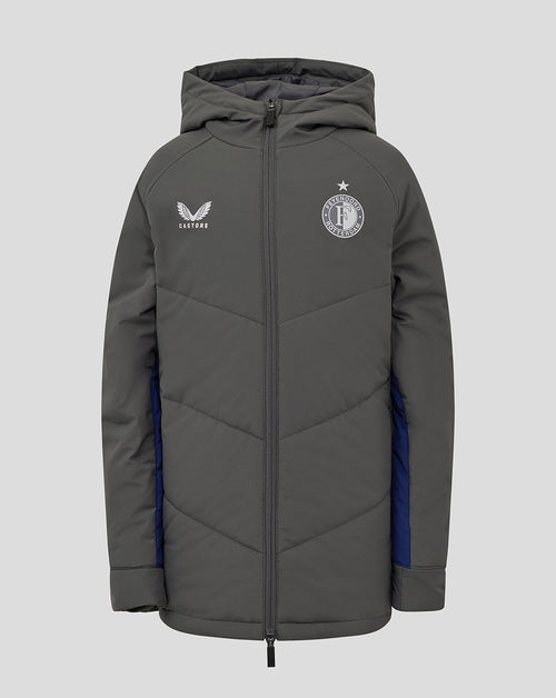 Front view of grey zippered Feyenoord training jacket with crest on the left chest and Castore logo