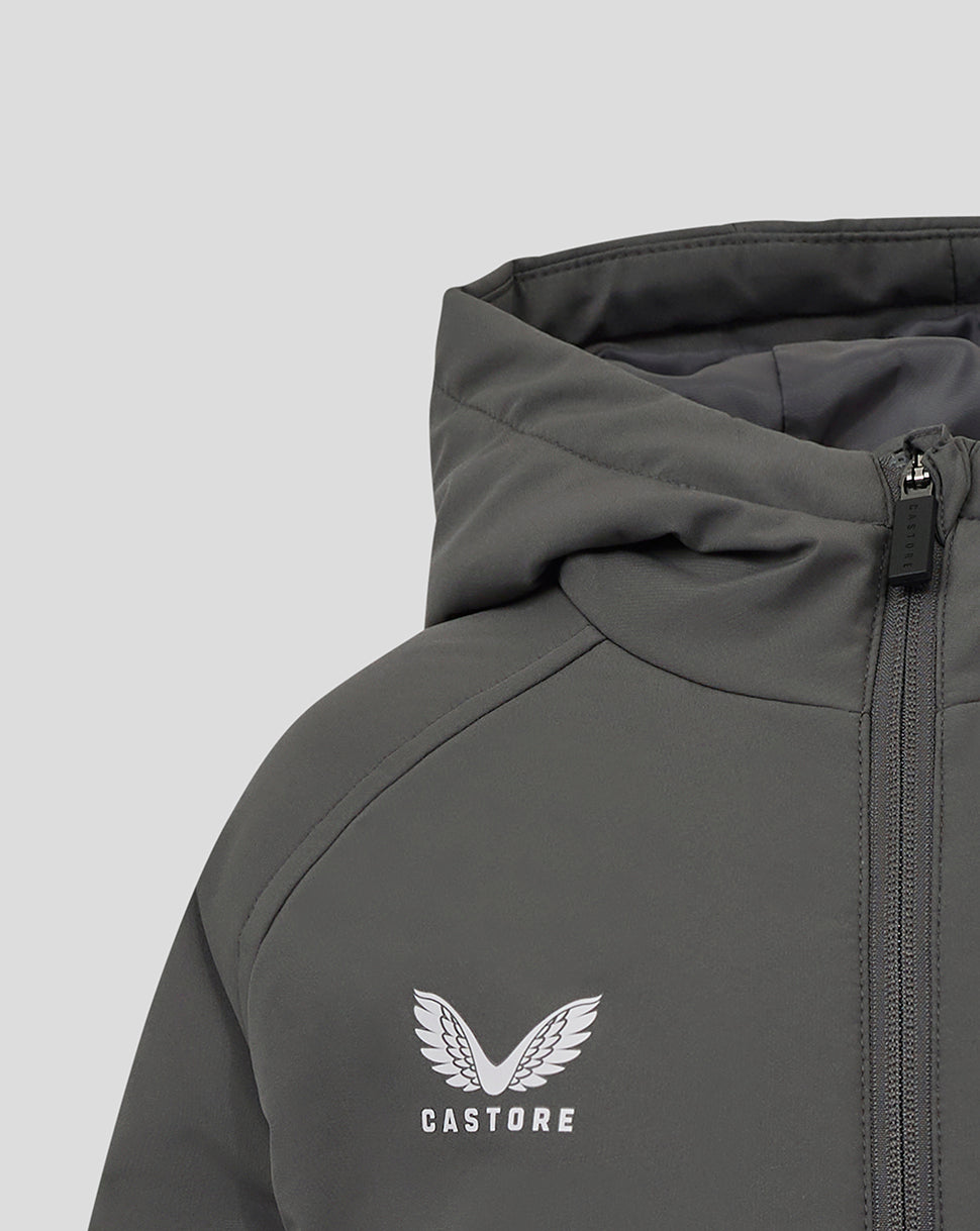 Gray junior Feyenoord training jacket chest with Castore wing logo and a visible front zipper.