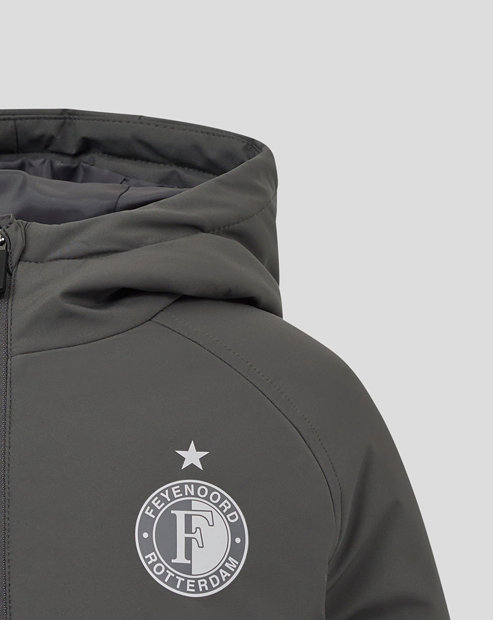 Close up of a gray Feyenoord junior training padded jacket showing the star above the club crest on the chest.