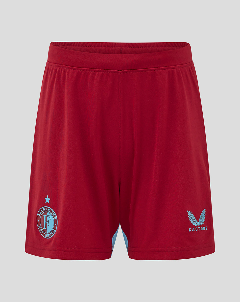 Red Feyenoord 2025-2026 third shorts with light blue side panels and logos on the legs
