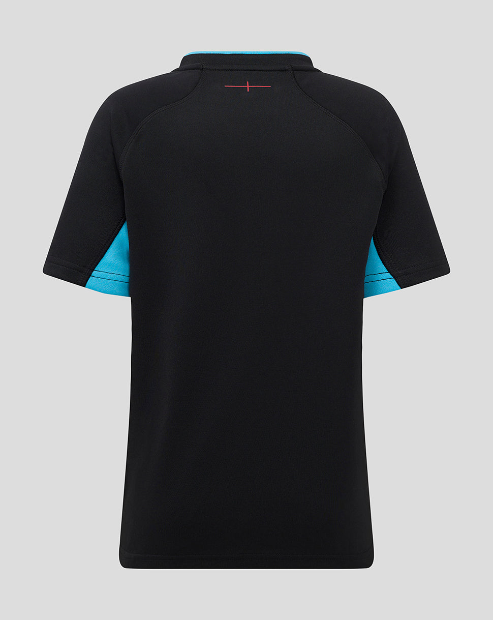 Back view of England Rugby 25/26 Alternate Pro Shirt Junior in black with turquoise sleeve panels and a small red detail at the upper back.