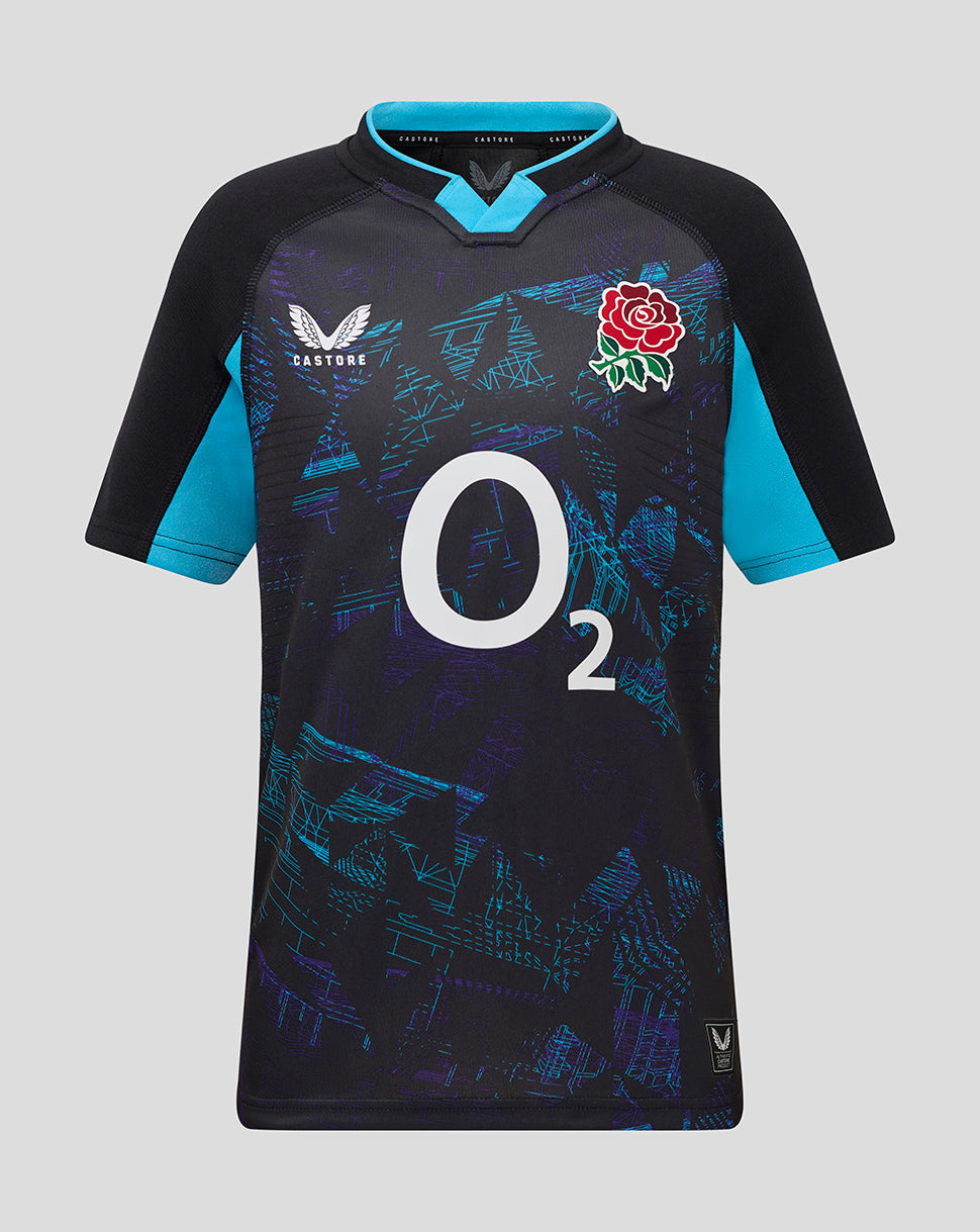 Front view of England Rugby 25/26 junior alternate shirt in black with teal sleeves, large O2 sponsor and rose emblem on chest.