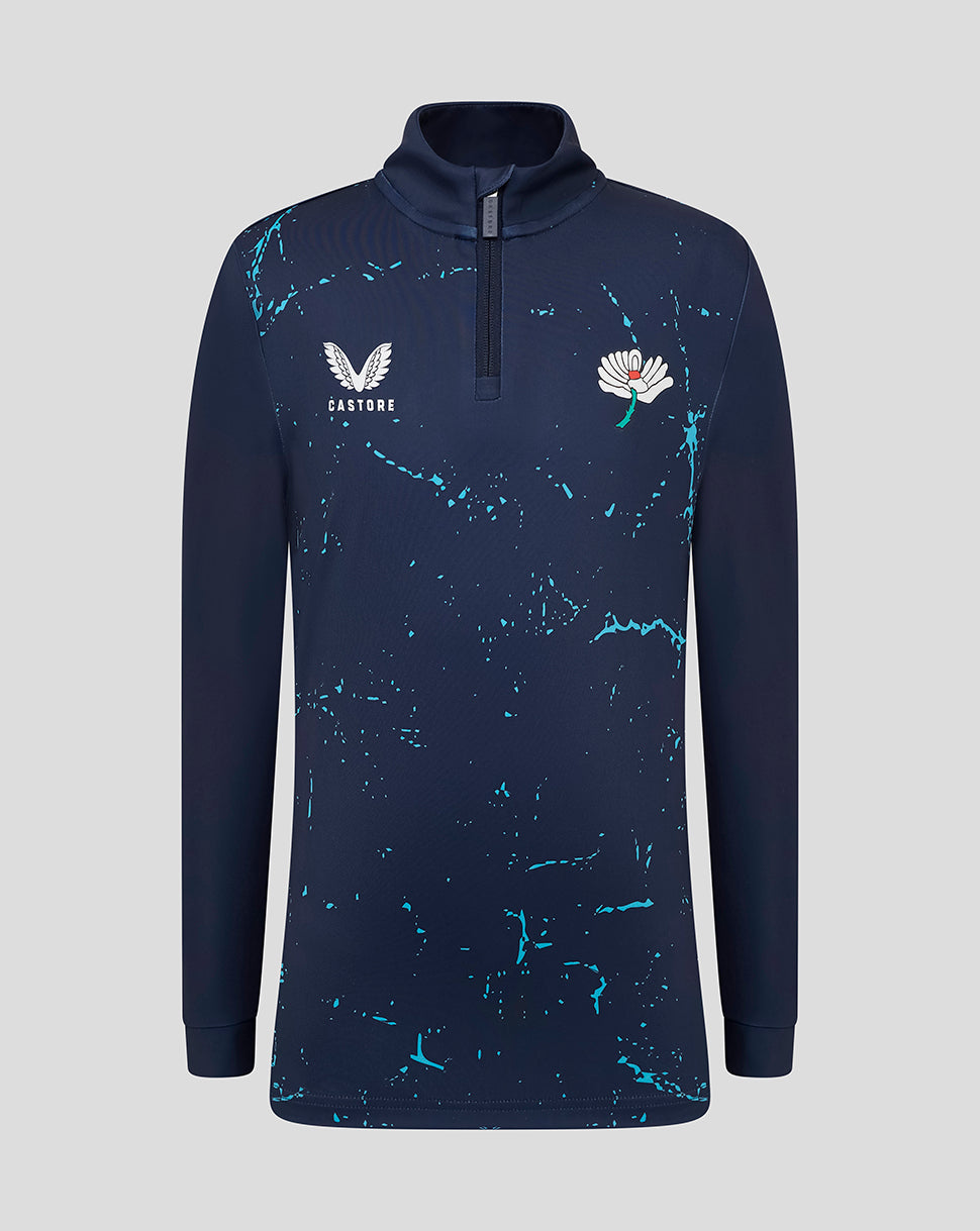 Navy long-sleeve shirt with blue abstract pattern on a light gray background
