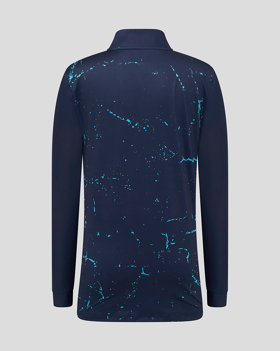 Navy long-sleeve shirt with blue abstract pattern on a light gray background
