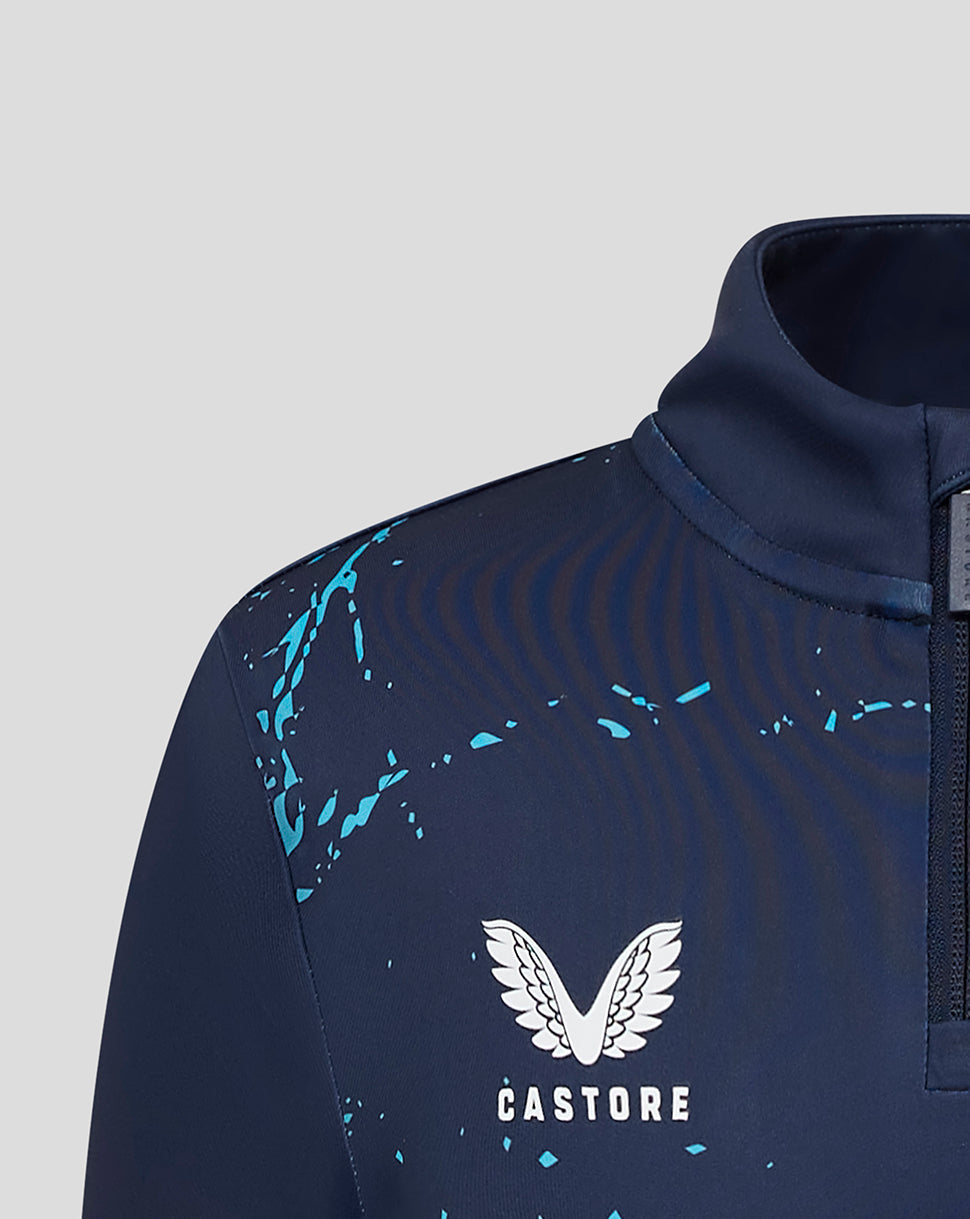 Navy blue athletic jacket with white logo and 'Castore' text on a light gray background