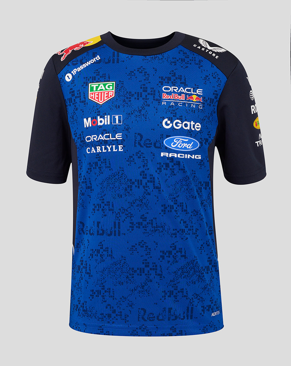 Blue and black sports jersey with various brand logos on a gray background