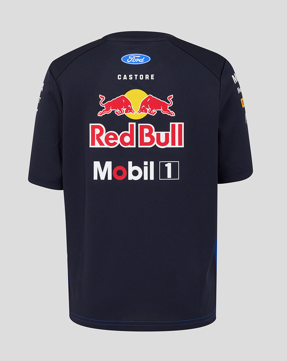 Black sports jersey with Red Bull and Mobil 1 logos on a gray background